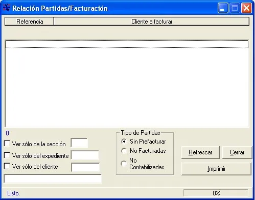 Captura de pantalla — Ayuda WINTRANS: Relación partidas / facturación