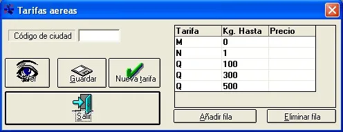 Captura de pantalla — Ayuda WINTRANS: Tarifas aéreas