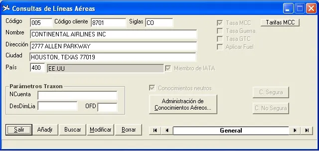 Captura de pantalla — Ayuda WINTRANS: Líneas aéreas